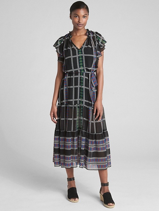 Image number 1 showing, Mix-Print Flutter Sleeve Midi Dress