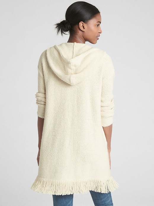 2 of 8 showing, with the color ivory of product Longline Fringe Hooded Cardigan Sweater