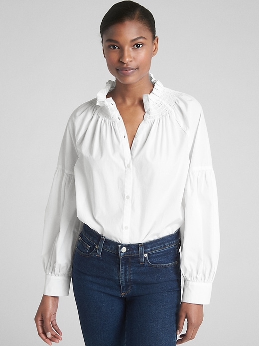 View large product image 1 of 1. Smocked Ruffle-Neck Blouse in Poplin