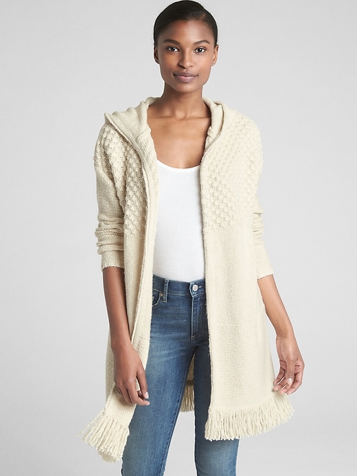 Longline Fringe Hooded Cardigan Sweater Gap