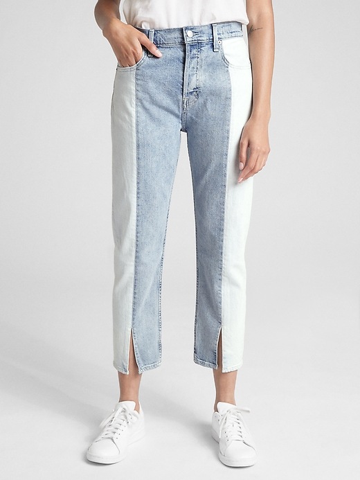 Image number 1 showing, High Rise Straight Crop Jeans with Spliced Detailing