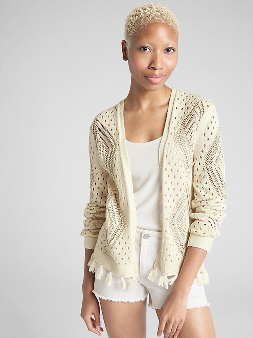 Image number 1 showing, Open-Front Crochet Fringe Cardigan Sweater