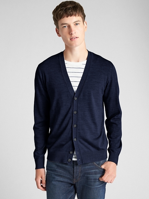 Image number 7 showing, V-Neck Cardigan Sweater in Merino Wool