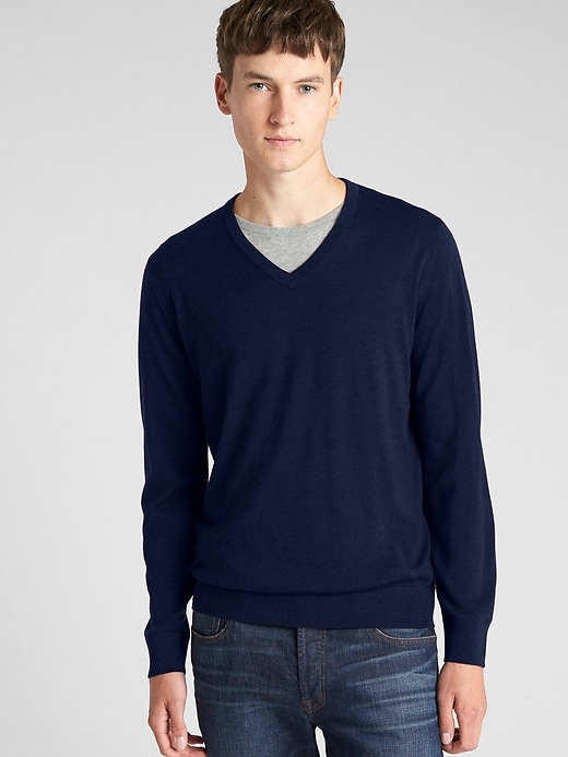 Image number 8 showing, V-Neck Pullover Sweater in Merino Wool