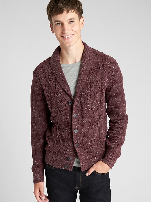 1 of 8 showing, with the color pinot noir heather of product Cable-Knit Shawl Cardigan Sweater