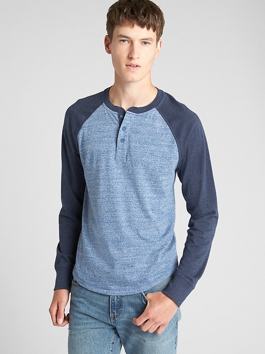 1 of 8 showing, with the color blue colorblock of product Long Sleeve Marled Henley