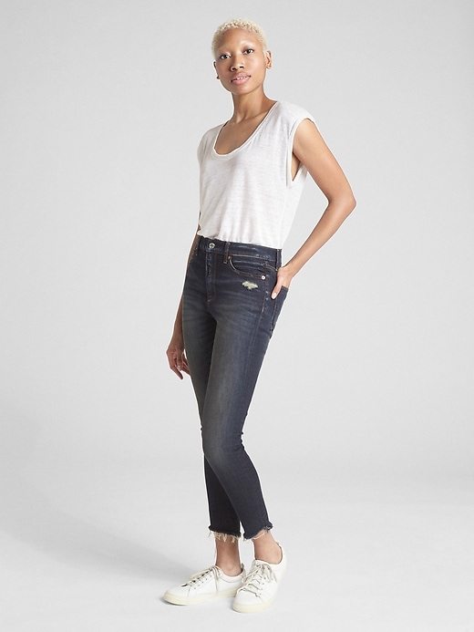 Image number 3 showing, High Rise True Skinny Ankle Jeans with Distressed Detail
