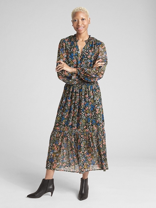 Image number 3 showing, Floral Print Long Sleeve Smocked Midi Dress