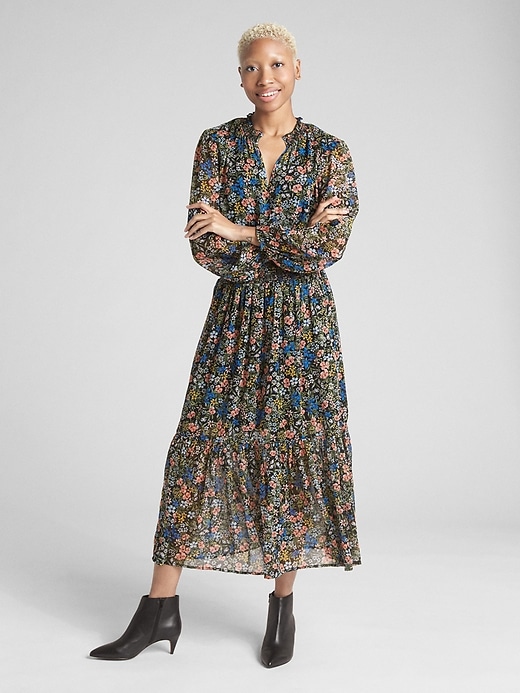 Floral Print Long Sleeve Smocked Midi Dress | Gap Floral Print Long Sleeve Smocked Midi Dress | Gap