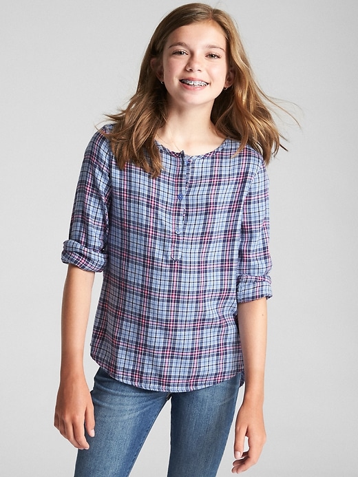 2 of 8 showing, with the color blue plaid of product Plaid Henley Popover Shirt