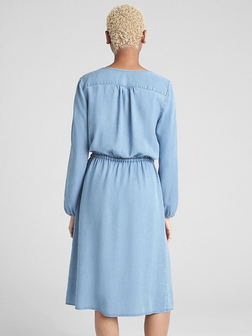 2 of 8 showing, with the color medium indigo of product Long Sleeve Button-Down Midi Dress in TENCEL™