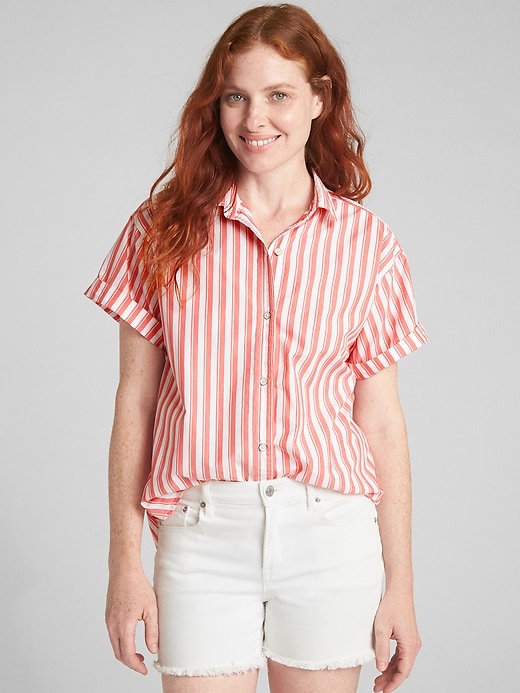 Image number 1 showing, Split-Back Short Sleeve Shirt in Stripe Poplin