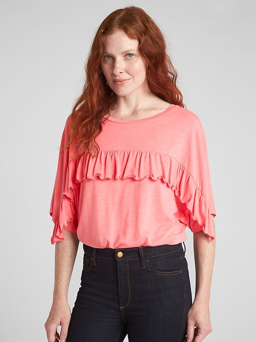 View large product image 1 of 1. Dolman Sleeve Ruffle-Trim Top