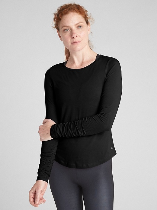 View large product image 1 of 1. GapFit Long Sleeve Ruched T-Shirt in Supima&#174 Cotton