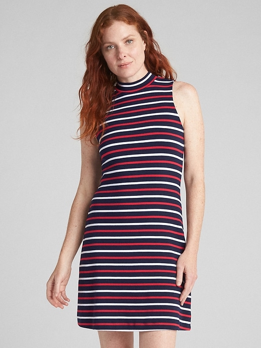 1 of 8 showing, with the color NAVY STRIPE of product Sleeveless Mockneck Midi Dress