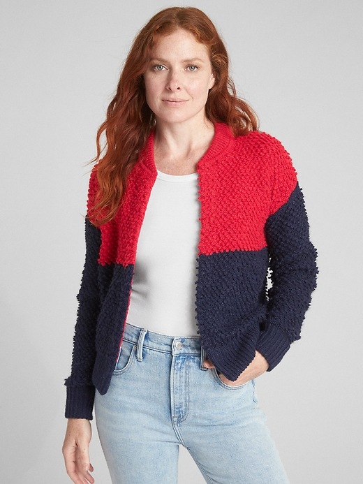 Image number 1 showing, Textured Colorblock Bomber Cardigan Sweater