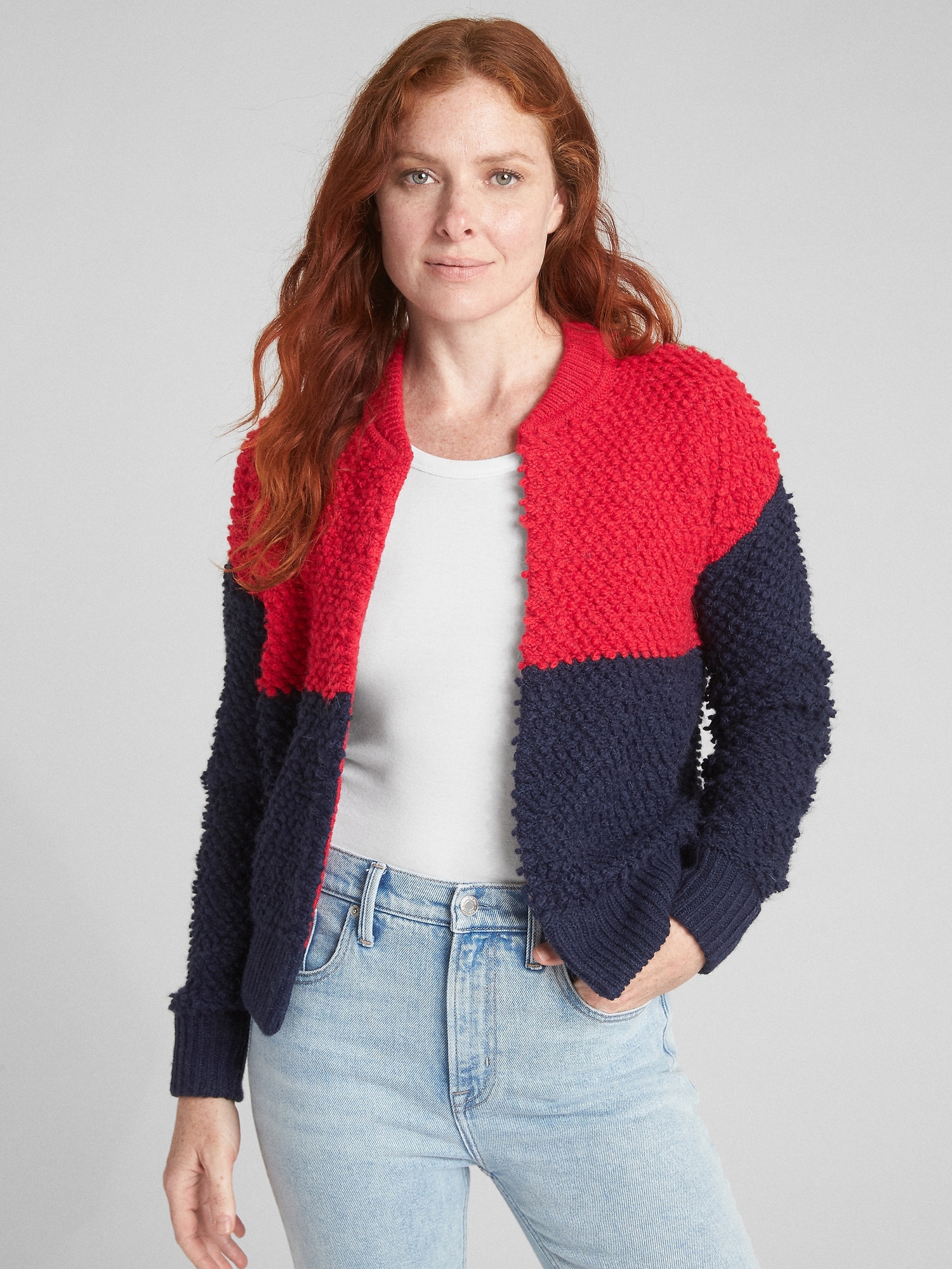 Textured Colorblock Bomber Cardigan Sweater | Gap