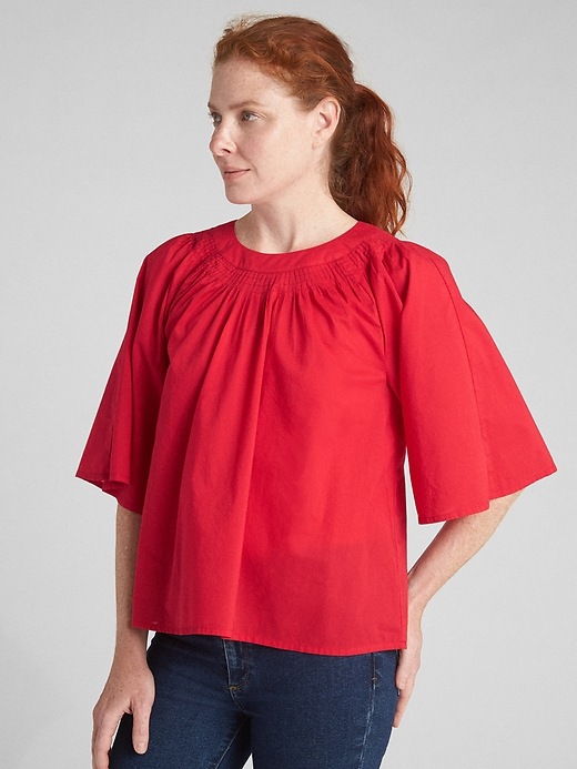 View large product image 1 of 1. Wide-Sleeve Pintuck Crewneck Blouse