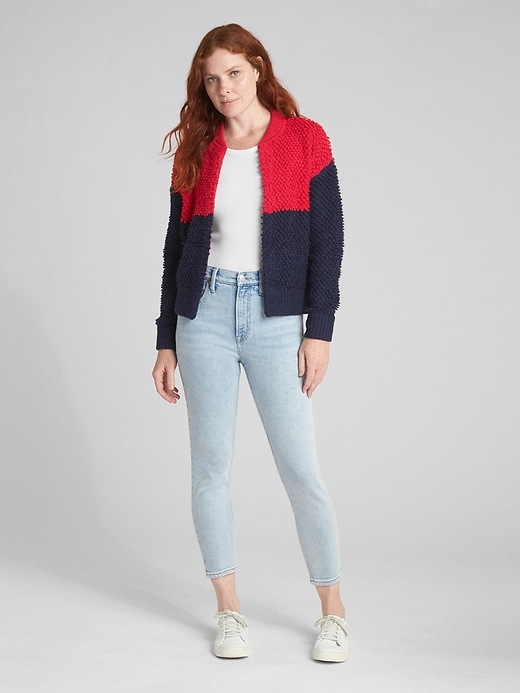 Image number 3 showing, Textured Colorblock Bomber Cardigan Sweater