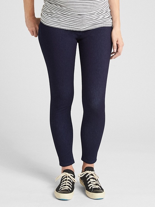 1 of 8 showing, with the color rinse washed indigo of product Maternity Inset Panel Knit Favorite Ankle Jeggings