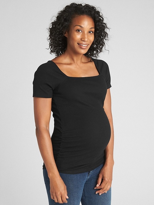 Image number 1 showing, Maternity Ribbed Sort Sleeve Square-Neck T-Shirt