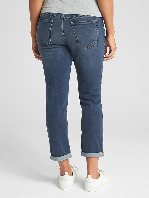 2 of 8 showing, with the color dark wash of product Maternity Soft Wear Demi Panel Girlfriend Jeans