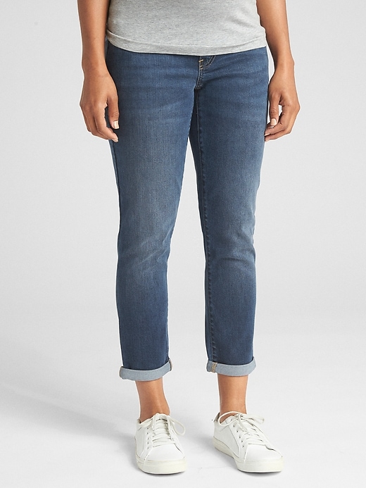 1 of 8 showing, with the color dark wash of product Maternity Soft Wear Demi Panel Girlfriend Jeans