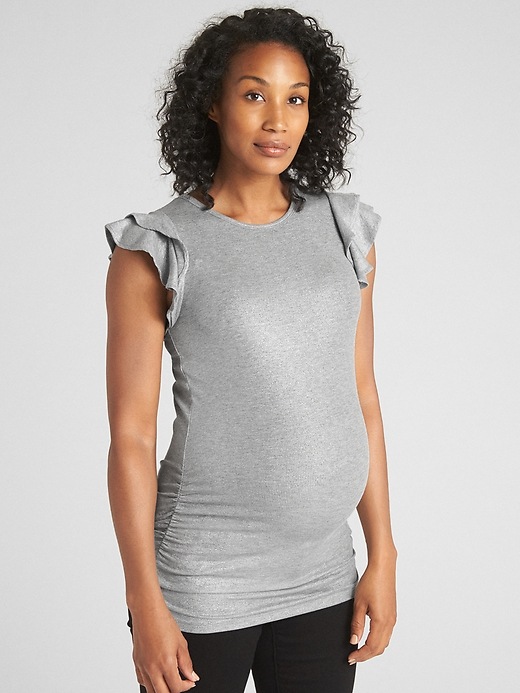 Image number 5 showing, Maternity Metallic Ribbed Ruffle Sleeve Top