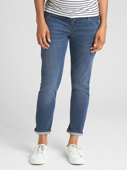 1 of 8 showing, with the color dark wash of product Maternity Soft Wear Inset Panel Girlfriend Jeans