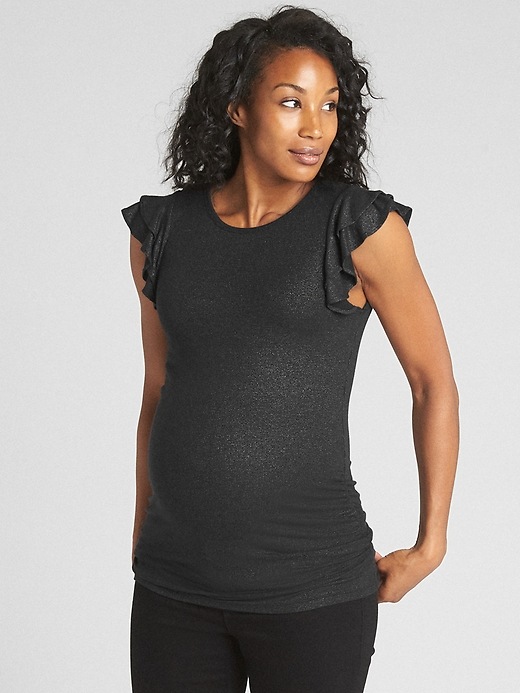 Image number 1 showing, Maternity Metallic Ribbed Ruffle Sleeve Top