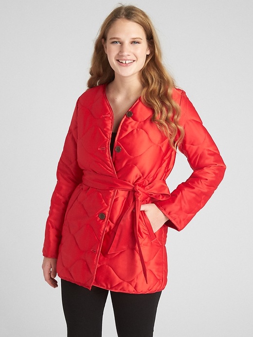 View large product image 1 of 1. Quilted Tie-Belt Coat in Satin