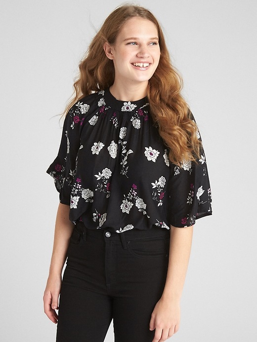 View large product image 1 of 1. Wide-Sleeve Floral Print Blouse