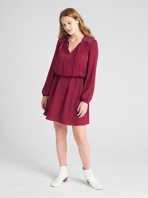 View large product image 1 of 1. Long Sleeve Embroidered Smock Dress