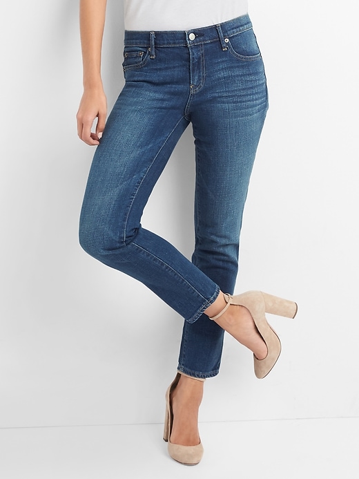 1 of 8 showing, with the color (Dark) Indigo of product Mid Rise Real Straight Jeans