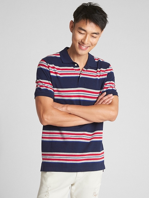 View large product image 1 of 1. Mix-Stripe Pique Polo Shirt in Stretch