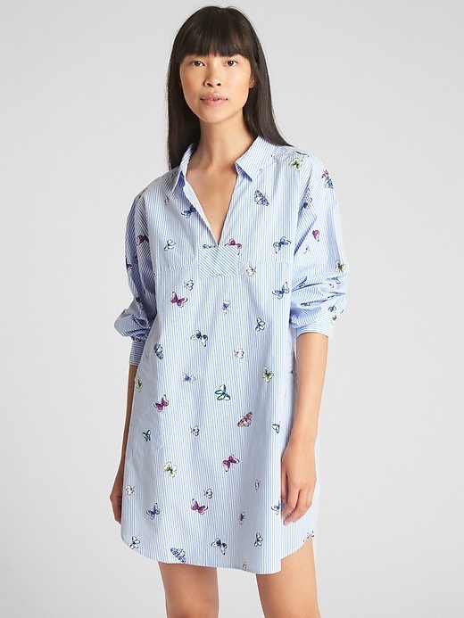 View large product image 1 of 1. Poplin Sleep Shirtdress with Embroidered Detail
