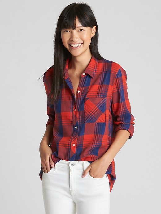 1 of 8 showing, with the color red plaid of product Plaid Flannel Boyfriend Shirt
