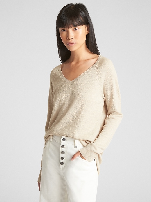 1 of 8 showing, with the color oatmeal heather of product True Soft V-Neck Pullover Sweater
