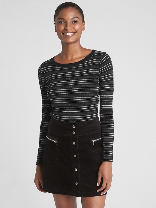 1 of 8 showing, with the color black & grey stripe of product Mix-Stripe Ribbed-Knit Pullover Sweater