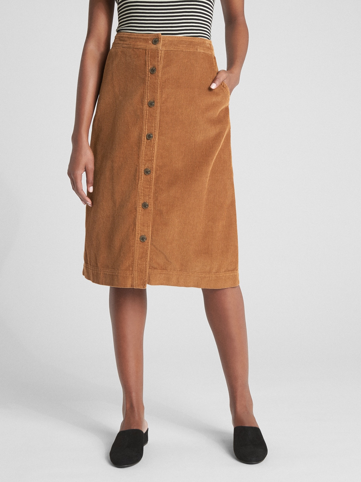 Button Front Cord Midi Skirt Gap
