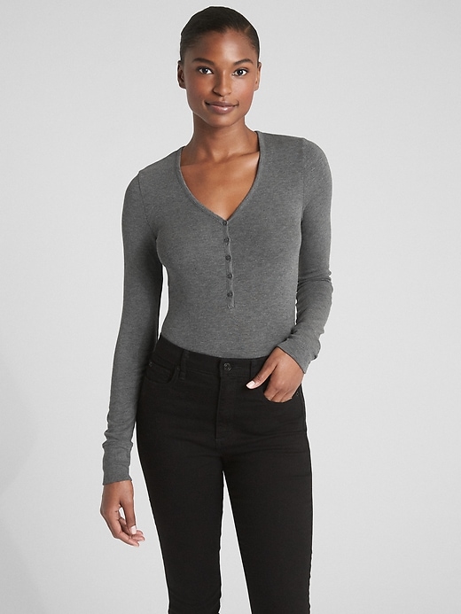 1 of 8 showing, with the color charcoal of product Metallic Rib-Knit Long Sleeve Henley