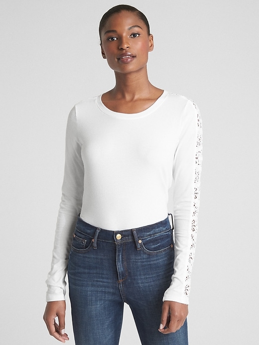 1 of 8 showing, with the color white of product Featherweight Lace-Trim Long Sleeve Crewneck T-Shirt