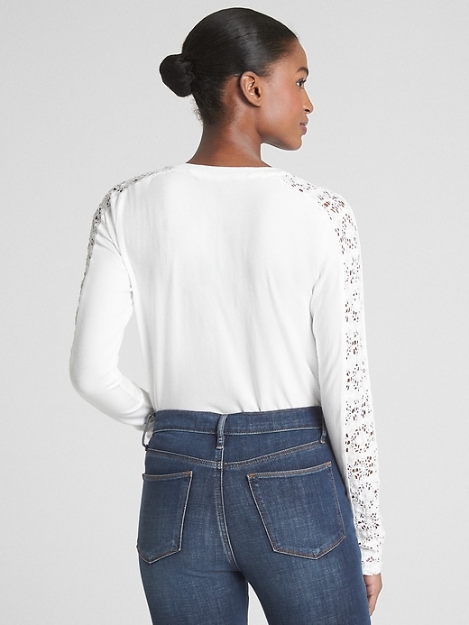 2 of 8 showing, with the color white of product Featherweight Lace-Trim Long Sleeve Crewneck T-Shirt