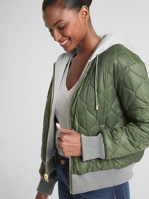 1 of 8 showing, with the color tweed green of product Reversible Fleece-Lined Logo Puffer Jacket