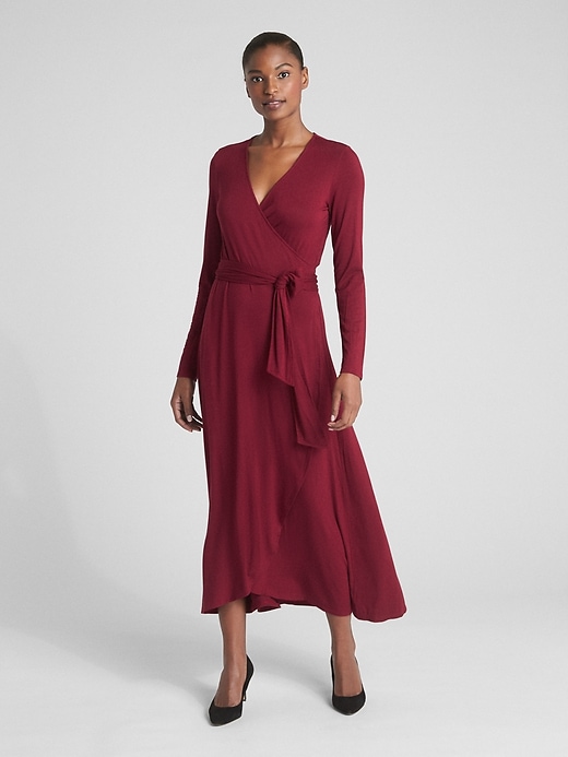 View large product image 1 of 1. Long Sleeve Knit Wrap Midi Dress