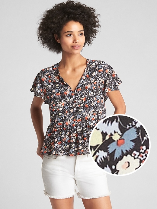 View large product image 1 of 1. Short Sleeve Flounce Floral Print Top