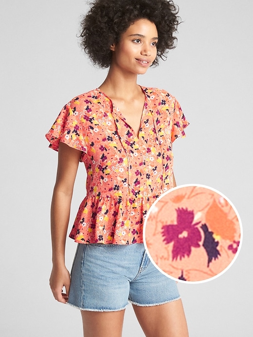Image number 1 showing, Short Sleeve Flounce Floral Print Top