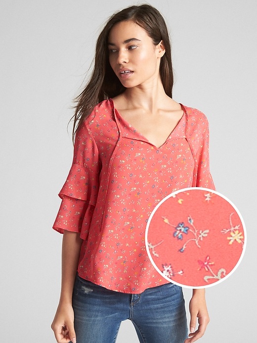 View large product image 1 of 1. Ruffle Sleeve Floral Print Blouse