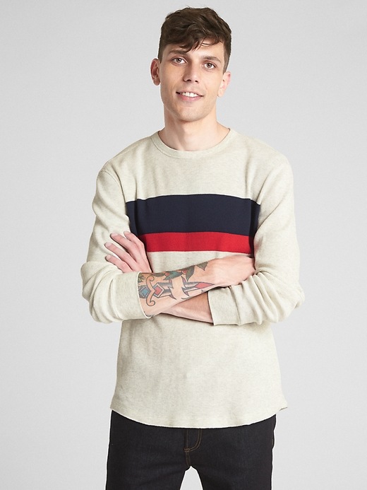 Image number 1 showing, Long Sleeve Stripe Classic T-Shirt in Waffle Knit