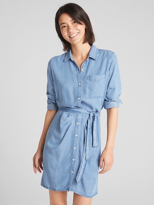 1 of 8 showing, with the color medium indigo of product Perfect Tie-Belt Shirtdress in TENCEL™